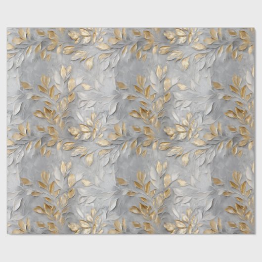 Zilveren Grijze Gouden Bladeren Cadeaupapier (Vlak)