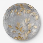 Zilveren Grijze Gouden Bladeren Papieren Bordje (Voorkant)