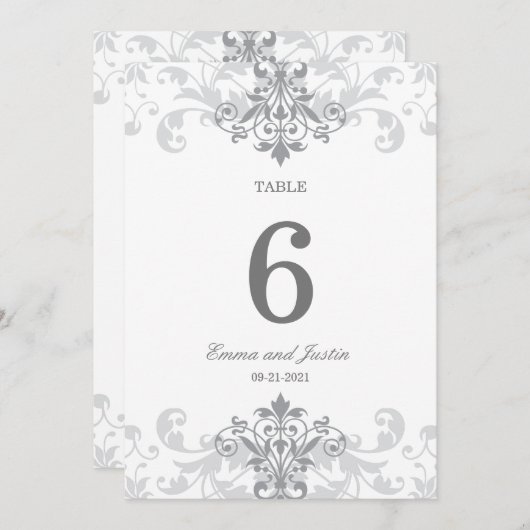 Zilveren Grijze Ironwork Elegante Bruiloft Tafelnu Kaart (Voorkant / Achterkant)