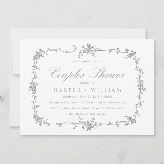 Zilveren Grijze Klassieke Franse Bloem Couples Sho Kaart (Voorkant)