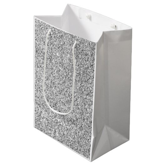 Zilveren grijze licht glinsterende vonken medium cadeauzakje (Voorkant Gekanteld)