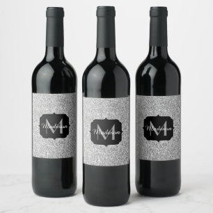 Zilveren grijze licht glinsterende vonken Monogram Wijn Etiket