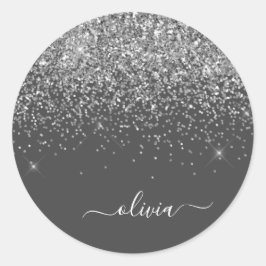 Zilveren grijze meisjesachtige glitter glans monog ronde sticker