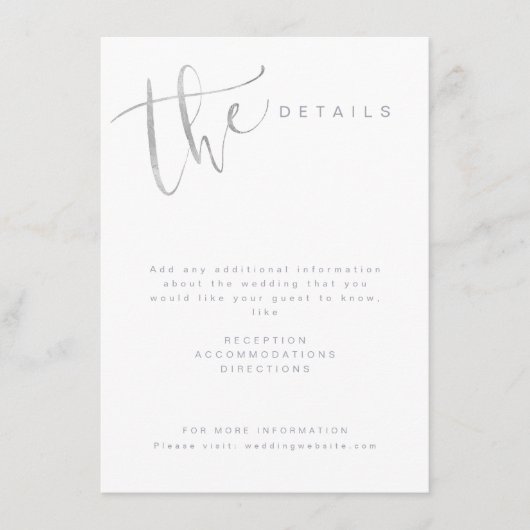 Zilveren grijze moderne eenvoudige script huwelijk informatiekaartje (Voorkant)