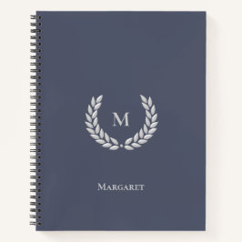 Zilveren grijze monogram & laurier op staalgrijs notitieboek