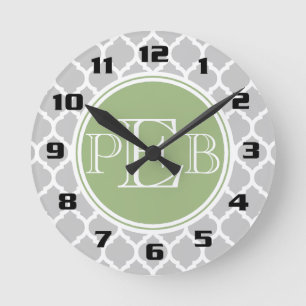 Zilveren Grijze Vierbladige Salie Groene Monogram Ronde Klok