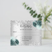 Zilveren groene bloemen glitter bruiloft RSVP-kaar (Staand voorkant)