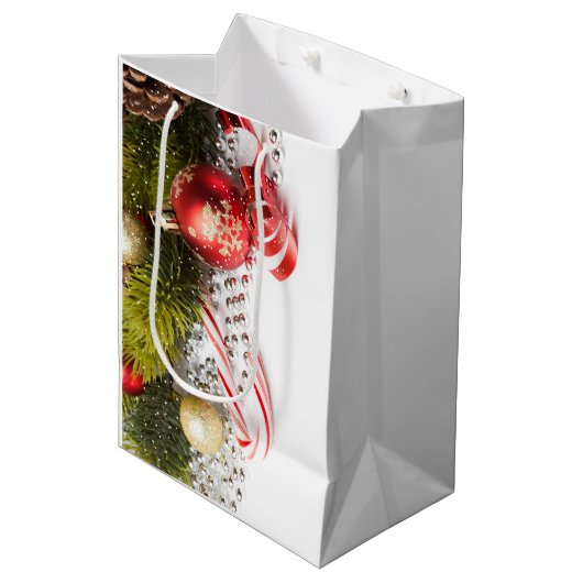 Zilveren Groene en Rode Kerstmisdecoratie Medium Cadeauzakje (Voorkant Gekanteld)