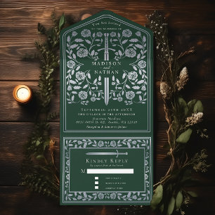 Zilveren Groene Koninklijke Middeleeuwse Zwaard Br All In One Uitnodiging