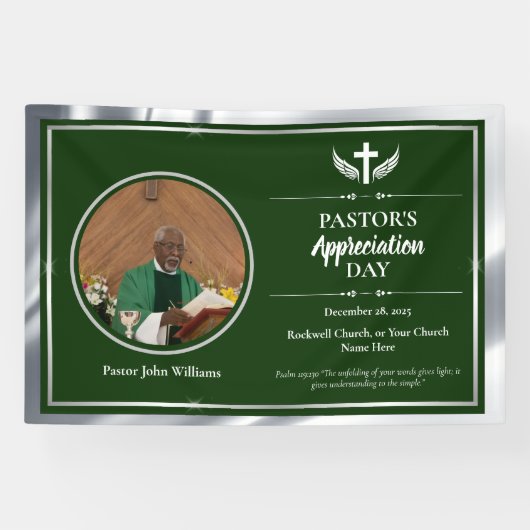 Zilveren Groene Pastor Waardering Kerk Evenement Spandoek (Horizontaal)