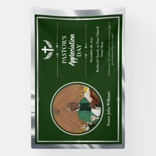 Zilveren Groene Pastor Waardering Kerk Evenement Spandoek (Verticaal)