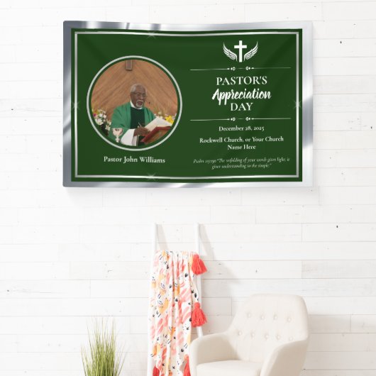Zilveren Groene Pastor Waardering Kerk Evenement Spandoek (Insitu)