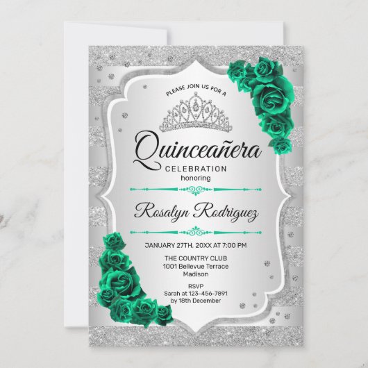 Zilveren Groene Quinceanera Uitnodiging (Voorkant)