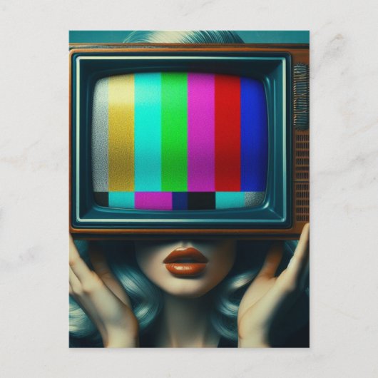 Zilveren Haired Vrouw Met Een TV Op Haar Hoofd Briefkaart (Voorkant)