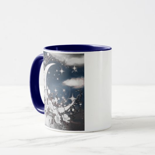 Zilveren halve maan met witte bloesems mok (Voorkant links)