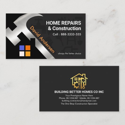 Zilveren Hamer Dak Handyman Visitekaartje (Voorkant / Achterkant)