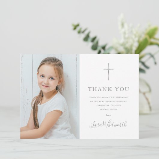 Zilveren handtekening foto eerste heilige communie bedankkaart (Staand voorkant)