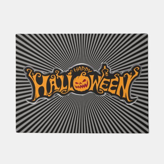Zilveren Happy Halloween Pompoen met Robijnen Ogen Deurmat (Voorkant)