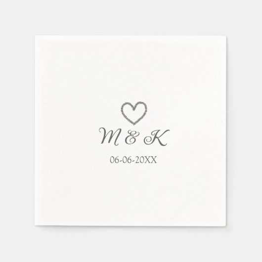 Zilveren hart bruiloft paar naam brief modern servet (Voorkant)