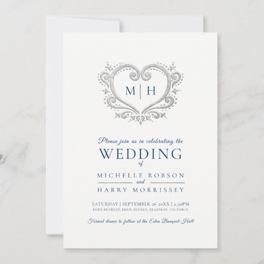 Zilveren hart bruiloft Pruisisch blauw en wit Kaart (Voorkant)