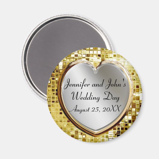 Zilveren hart en gouden pailletten bruiloft magnee magneet (Voorkant / Achterkant)