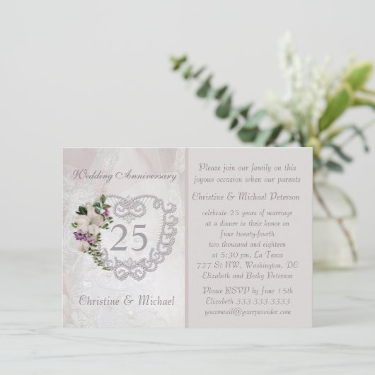 Zilveren hart en lelie 25e trouwdag jubileum kaart (Staand voorkant)
