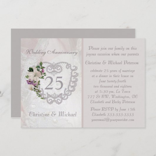 Zilveren hart en lelie 25e trouwdag kaart (Voorkant / Achterkant)