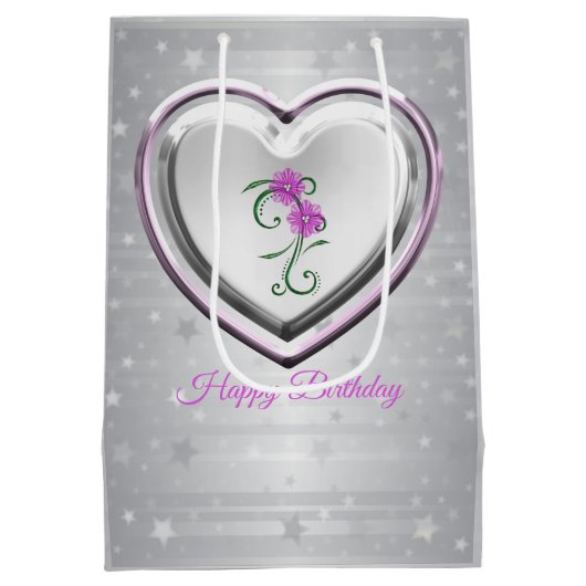 Zilveren hart en paarse bloemen medium cadeauzakje (Achterkant)