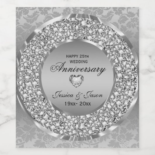 Zilveren hart en witte diamanten wijn etiket (Enkel label)