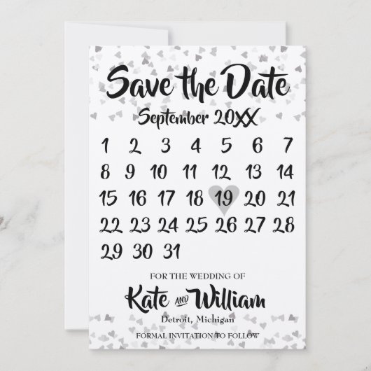 Zilveren Hart Kalendar Sla de Datum Op Save The Date (Voorkant)