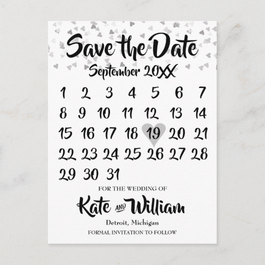 Zilveren Hart Kalender Bewaar de Datum Aankondigingskaart (Voorkant)