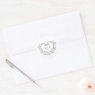 Zilveren hart monogram blauwe tekst op witte bruil ronde sticker