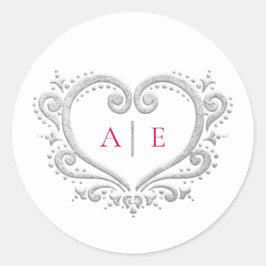 Zilveren hart monogram rode tekst op witte bruilof ronde sticker