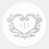 Zilveren hart monogram roze tekst op witte bruilof ronde sticker (Voorkant)