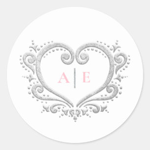 Zilveren hart monogram roze tekst op witte bruilof ronde sticker
