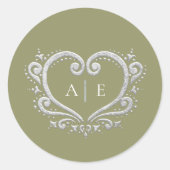 Zilveren hart monogram varen groen bruiloft ronde sticker (Voorkant)