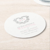 Zilveren hart roze witte krans monogram bruiloft ronde kartonnen onderzetter (Gebogen)