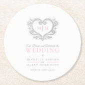 Zilveren hart roze witte krans monogram bruiloft ronde kartonnen onderzetter (Voorkant)