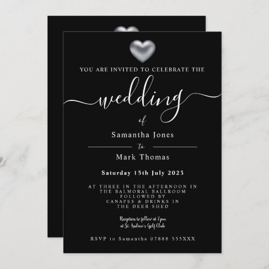 Zilveren Hart Zwart Bruiloft Kaart (Voorkant / Achterkant)