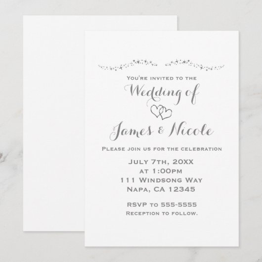 Zilveren Harten & Sparkle Witte Huwelijksuitnodigi Kaart (Voorkant / Achterkant)