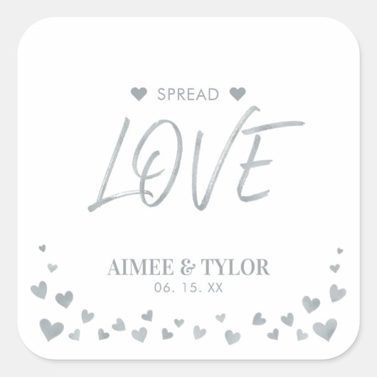 Zilveren harten verspreiden de liefde bruiloft gun vierkante sticker (Voorkant)