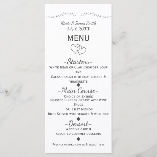 Zilveren Hartjes & Glamour Bruiloftsmenu Menu (Voorkant)