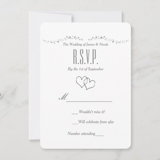 Zilveren Hartjes & Glitter Bruiloft RSVP Kaart (Voorkant)