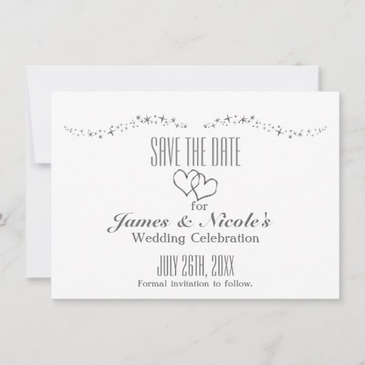 Zilveren Hartjes & Glitter Bruiloft Save The Date  (Voorkant)