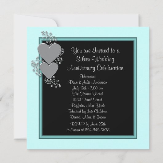 Zilveren Hartjes Turquoise Zilveren 25e Verjaardag Kaart (Achterkant)