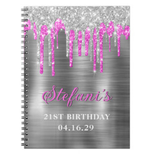 Zilveren Heet Roze Glitter Drips Metallic Verjaard Notitieboek