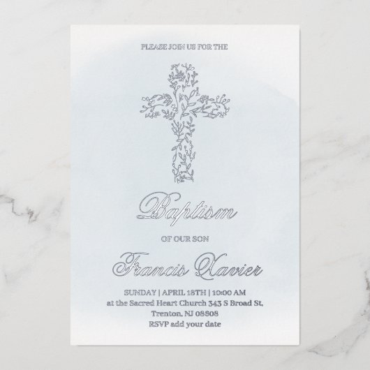 Zilveren Heilig Kruis Doop Folie Uitnodiging (Voorkant)
