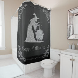Zilveren heks en ketel Halloween Douchegordijn