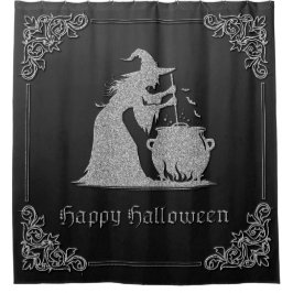 Zilveren heks en ketel Halloween Douchegordijn