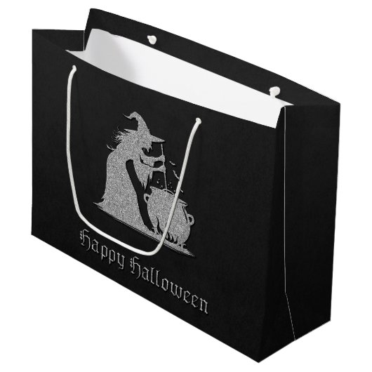 Zilveren heks en ketel Halloween Groot Cadeauzakje (Voorkant Gekanteld)